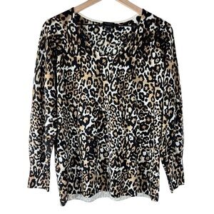 Talbots Leopard Print Soft Merino Wool V-Neck Pullover Sweater